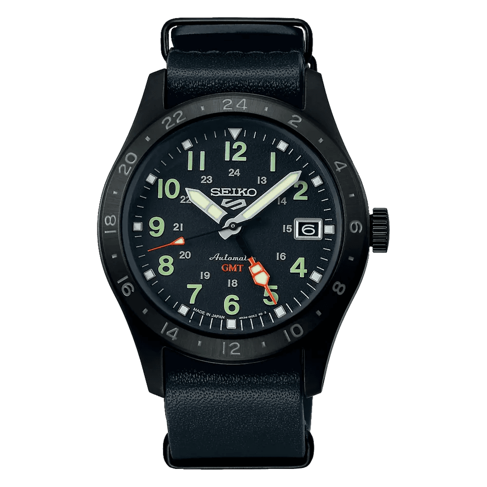 Seiko 5 Sports SBSC013 Automatic GMT Men’s Black Leather Strap Analog Watch