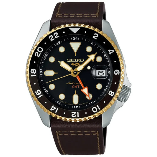 Seiko 5 Sports SBSC020 GMT Men’s Black Leather Strap Analog Watch